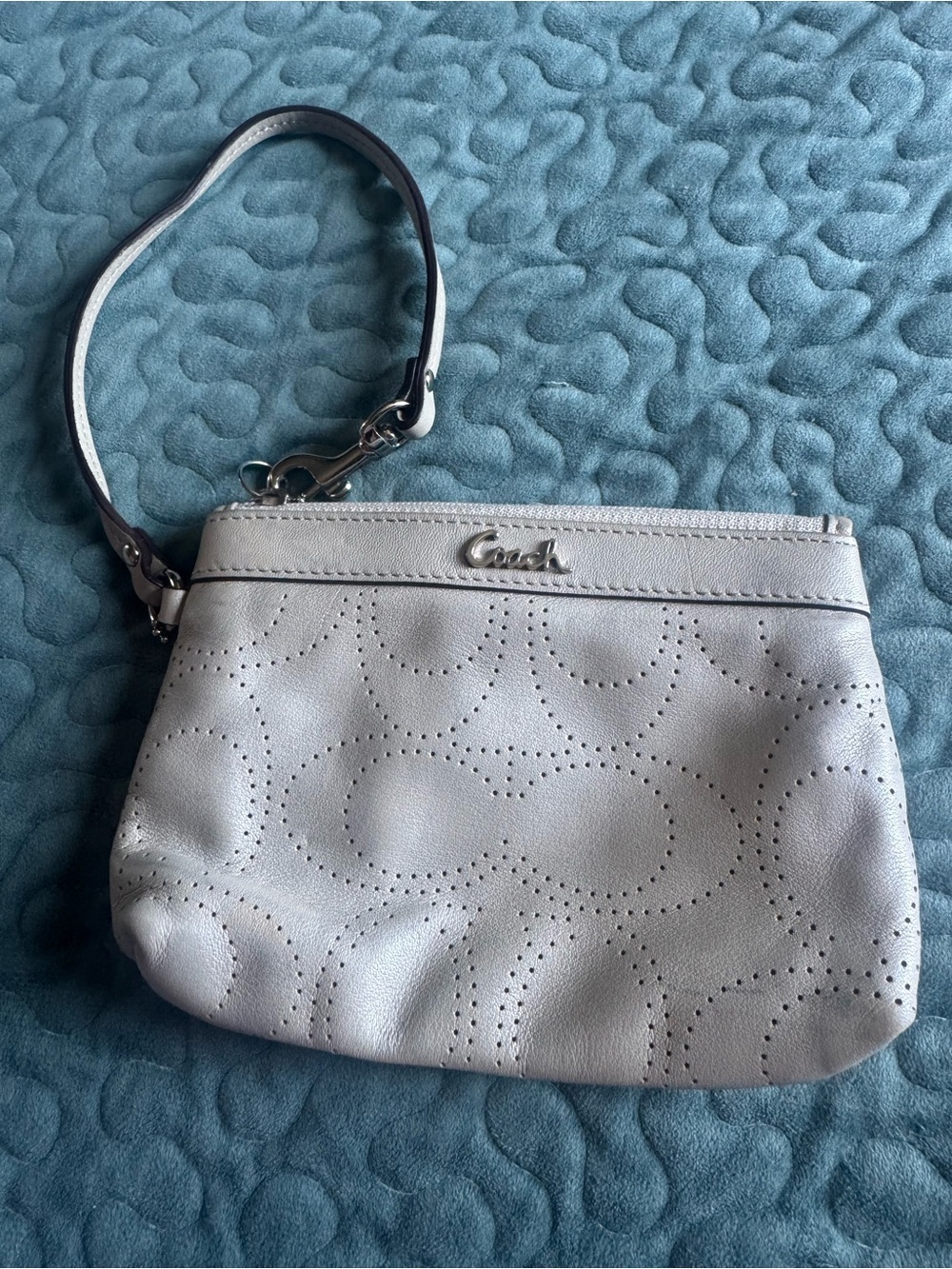 Coach Light Gray Perforated Leather Wristlet